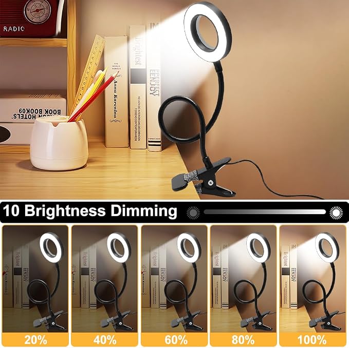 5X Magnifying Glass with Light, 3 Color Modes LED Lighted Desk Lamp, USB Powered Magnifier Lamp with Metal Clamp, Flexible Gooseneck Magnifier for Bed Work Crafts DIY Repair(Black)