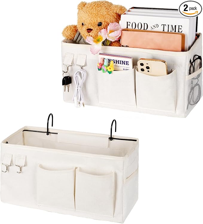 Bedside Caddy Organizer Hanging Storage Bag Bunk Bed 2Pack White | Bed Caddy with Magazine Water Bottle Phone Holder for College Dorm and Hospital Beds