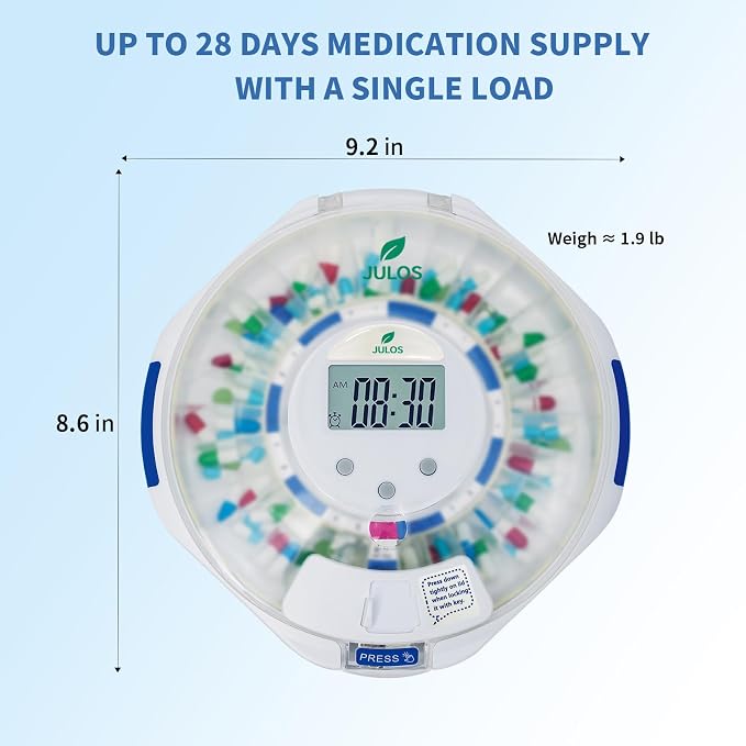 JULOS 28-Day Automatic Pill Dispenser for Elderly with Alarm, Frosted Lid | Sound/Light Alerts, up to 6 Alarms/Day, Easy-Read LCD Display, Safety Locked Pill Dispenser for Seniors/Dementia