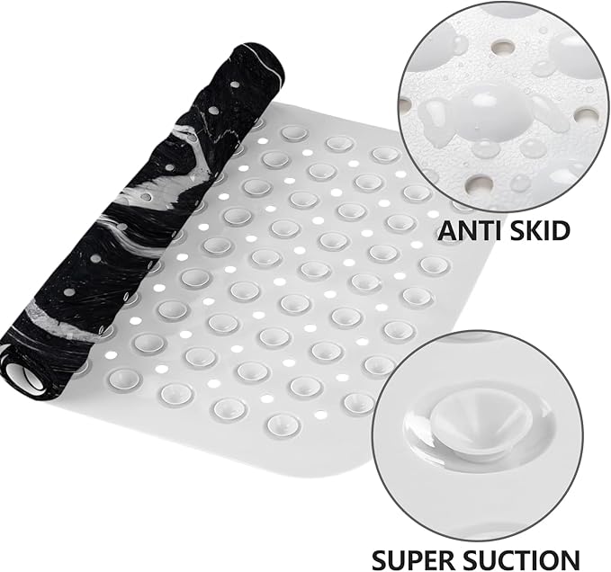 LNOND Marble Bath Tub Mat Non Slip, Extra Long 40 X 16 Inch Anti Slip Mat for Bathtub, Abstract Black White Marble Shower Mat with Drain Holes and Suction Cups, Machine Washable