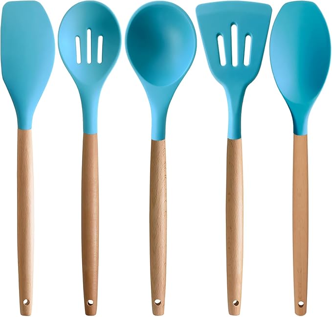 Silicone Kitchen Cooking Utensils Set, 5-Piece Non-Stick Silicone Kitchen Utensils Spatula Serving Spoons Turner Ladle Set w Wooden Handle Heat Resistant Cooking Gadgets for Nonstick Cookware