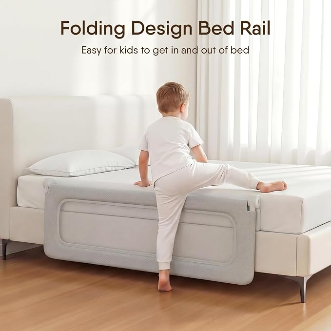 Bed Rail for Toddlers, 59 Inch Foldable Baby Guard | 59 in foldable toddler rail with reinforced anchors, no-gap mattress fit, double lock, washable fabric for King|Queen