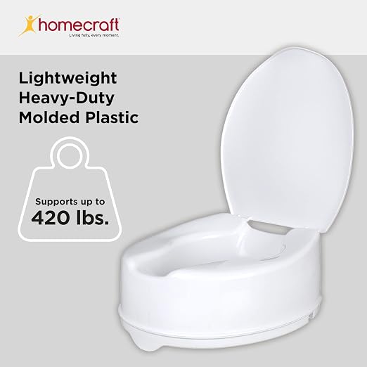 Homecraft Savanah Raised Toilet Seat 6" with Lid, Elongated & Elevated Lock Seat Support for Elderly, Handicapped and Disabled Users, White Colour | 6" raised toilet seat with lid adds seat height for seniors and users with limited mobility.