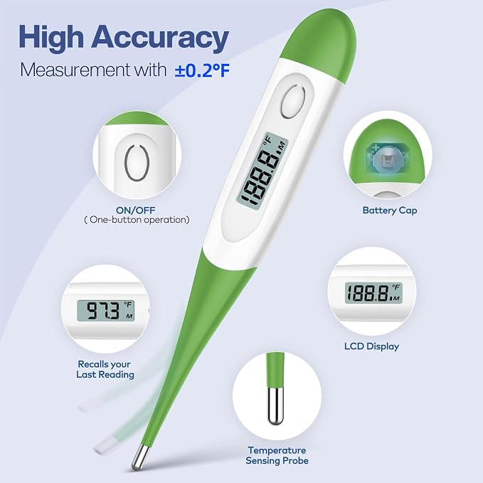 Boncare 10 Seconds Oral Thermometer for Adults and Kids, Green | Accurate & Safe, Rectal Digital Thermometer for Baby, Fever Alarm
