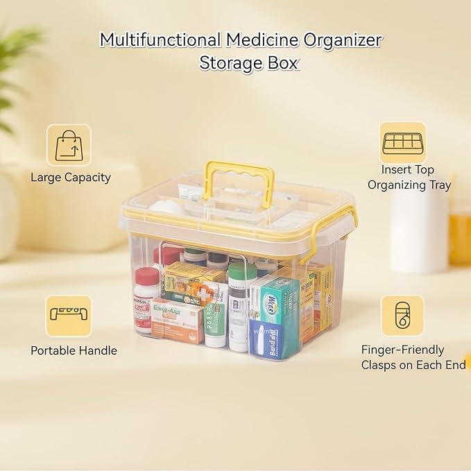 Pulseplay Clear Medicine Organizer Storage Box with Handle Protable Medicine Cabiner Organizer with Removable Tray Multipurpose Plastic Organizer Box for Home and Travel