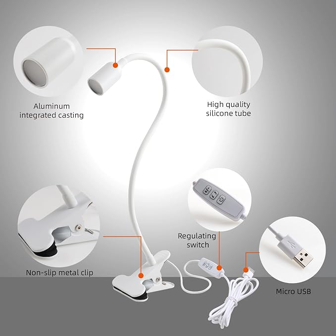 LED Reading Lights for Bed Headboard, Clip on Spotlight Lamp for Desk, Dorm Bed, Dimmable USB Clamp Book Light with Flexible Gooseneck, Change Color Temperature 3000/4000/6000K