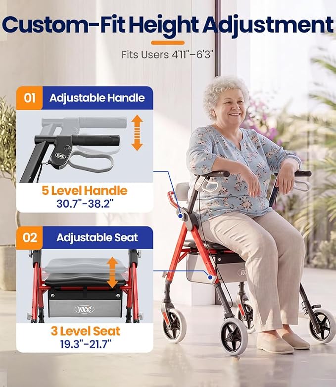 VOCIC Z11 Rollator Walkers for Seniors with Seat, 500 LBS Load, Ultra Wide | High-capacity support, 23" wide frame, ergonomic seat, dual brakes, and slim fold for home, shopping & daily walks, Red