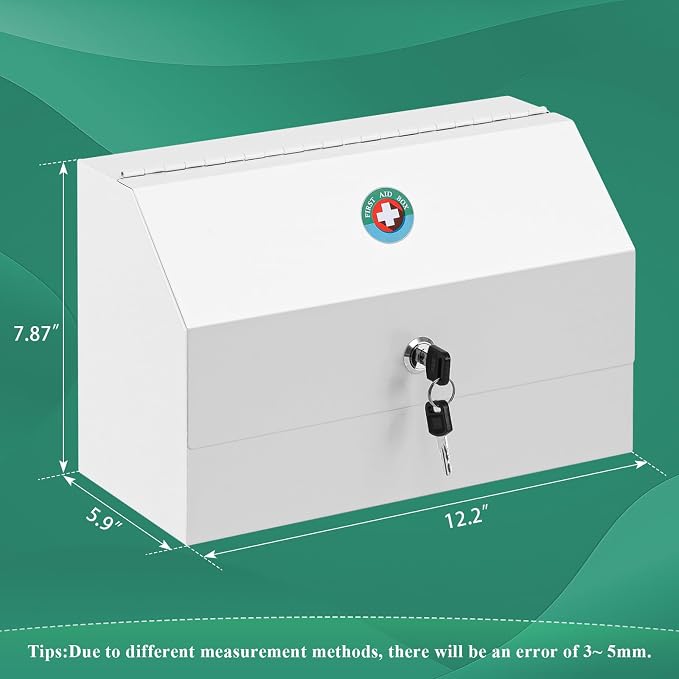KYODOLED Medicine Lock Box with Keys, Wall Mount Steel Cabinet, White | Medium size 12.2 x 5.9 x 7.87 in, steel build, locking access, child-safe storage for home, school & emergency use