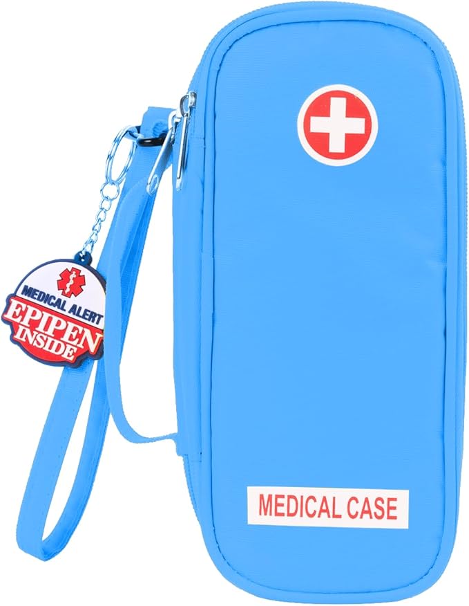 Jayour EpiPen Medical Carrying Case Insulated, Travel Medication Organizer Bag Emergency Medical Pouch, Fits 2 EpiPens, Asthma Inhaler, Anti-Histamine, Auvi-Q, Allergy Medicine Essentials (Blue)