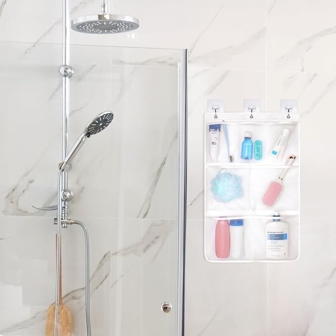 F-color 7-Pocket Mesh Shower Caddy - Hanging Shower Organizer for Cruise | Quick-Dry & See-Through Mesh for Toiletries, Fits Shower Rod Rings or Sticky Hooks for Bathroom & RV, Cruise Essentials 2026