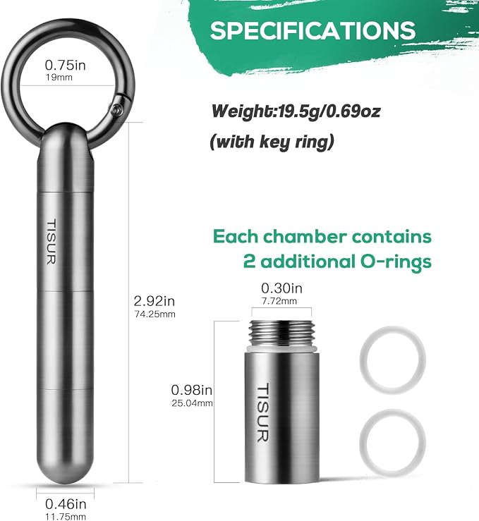 TISUR Small Keychain Pill Holder, Titanium Pill Case Waterproof Pill Fob for Travel Purse Pocket, Portable Pill Container Box Pill Organizer Tube | Waterproof Pill Fob,Portable Pill Box Container,Purse Pill Organizer Tube