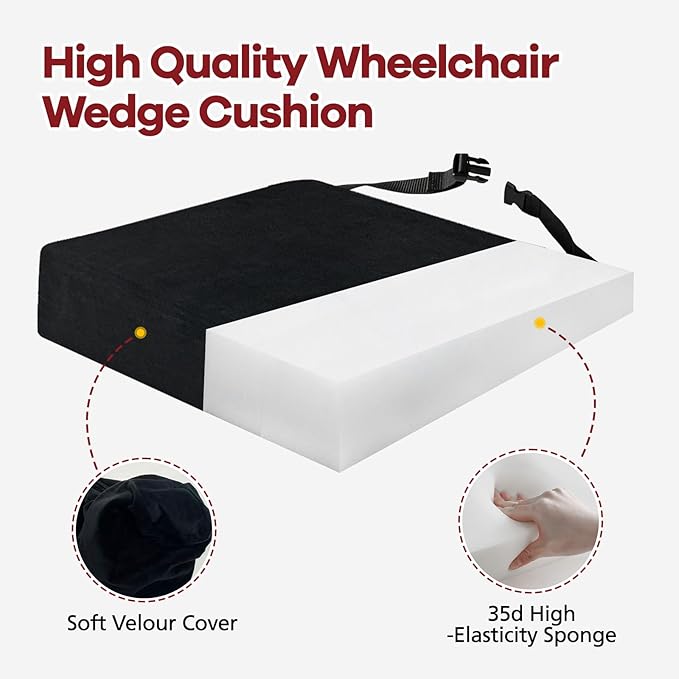 Wedge Wheelchair Seat Cushion Velvet and High Density Foam Wheelchair Cushions with Adjustable Elastic Strap 16 * 18 * 2-4 Inch Chair Support for Wheelchair Office Car