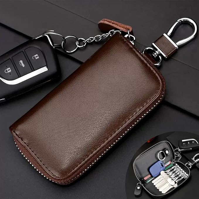 WESTONETEK Unisex Mens Womens Premium Leather Car Key Holder Bag Keychain Case Wallet with 6 Hooks Zipper Closure
