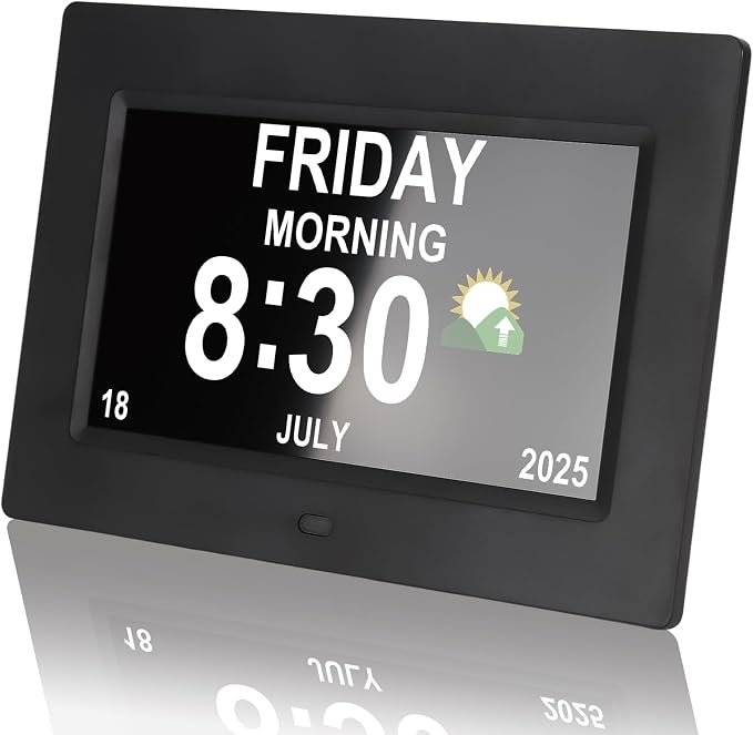 Digital Dementia Clocks for Seniors, 7 Inch, Black | Day Date Time Large Display for Poor Vision Easy Read, Medication Reminder Alarm, Spanish 10 Languages, Alzheimer Gifts