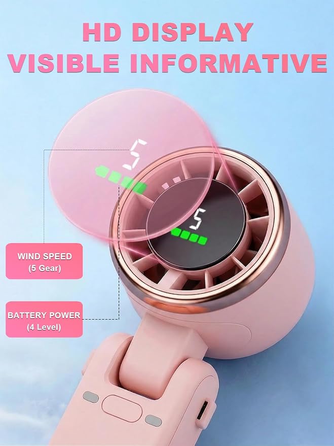 Portable Handheld Turbo Fan, 5 Gear Wind, Battery Operated, Up to 13 Working Hours Rechargeable Fan, 3 IN 1 Hand Fans with Air Turbo Tech Cooling Fan for for Travel, Beach, Outdoor - Pink