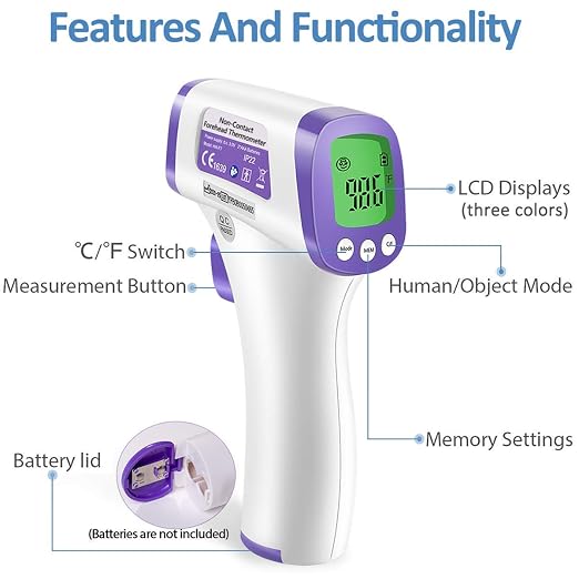 eZthings Heavy Duty Thermometer Infrared Forehead High Caliber Sensor No Contact with LCD Display for Medical Offices, Hospitals