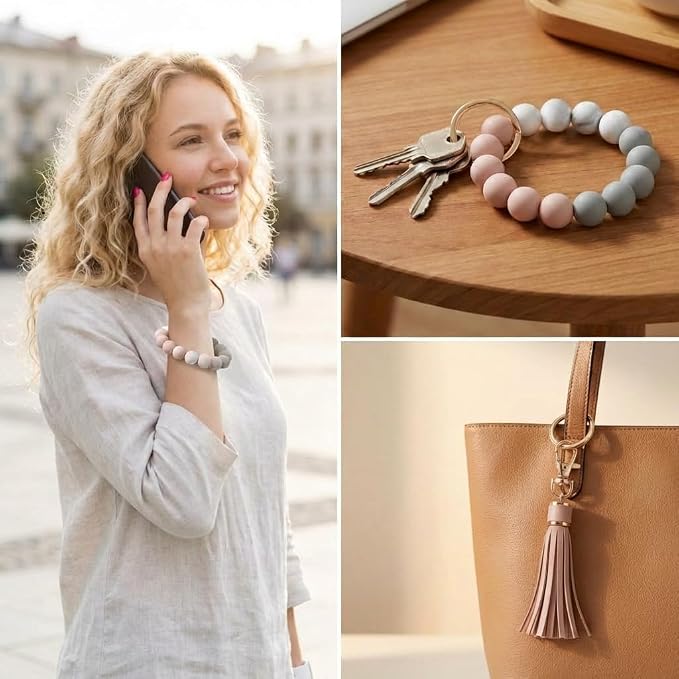 BIHRTC Key Ring Bracelet Car Keychain Holder Wristlet Silicone Women Beaded Bangle Chains