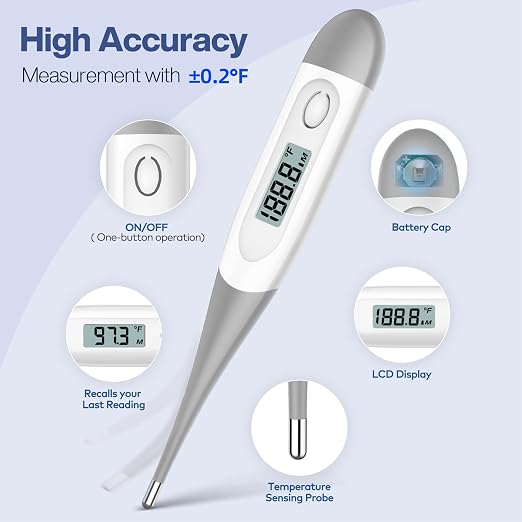 Boncare Digital Thermometer for Adults, Kids & Babies, Gray | Accurate & Safe Oral and Rectal Thermometer with 10-Second Reading and Fever Alarm