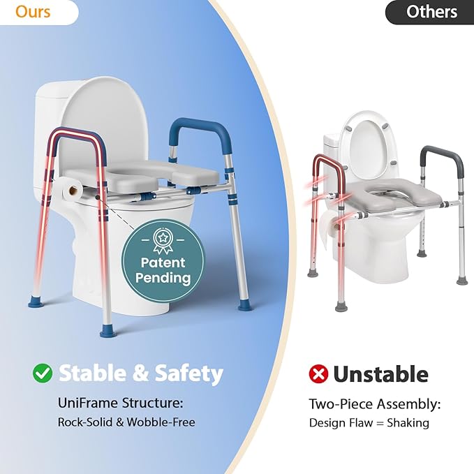 Toilet Seat Risers for Seniors, Raised Toilet Seat with Padded Handles & Seat, 400 LBS Raised Toilet Seat with Adjustable Height & Width for Pregnant, Disabled, Handicapped,(Blue)