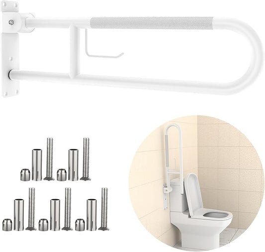 Toilet Grab Bar 32 Inch, YuanDe White Anti-Slip Support Rail, U Shaped Flip-Up Grab Bar with Paper Holder, Stainless Steel Knurled Handicap Safety Handrails for Disabled Elderly Pregnant