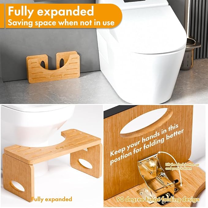 Foldable Toilet Stool,7 Inches Bamboo Poop Stool for Bathroom | Toilet Stool Squat Adult, Potty Stool with Anti-Slip Strip