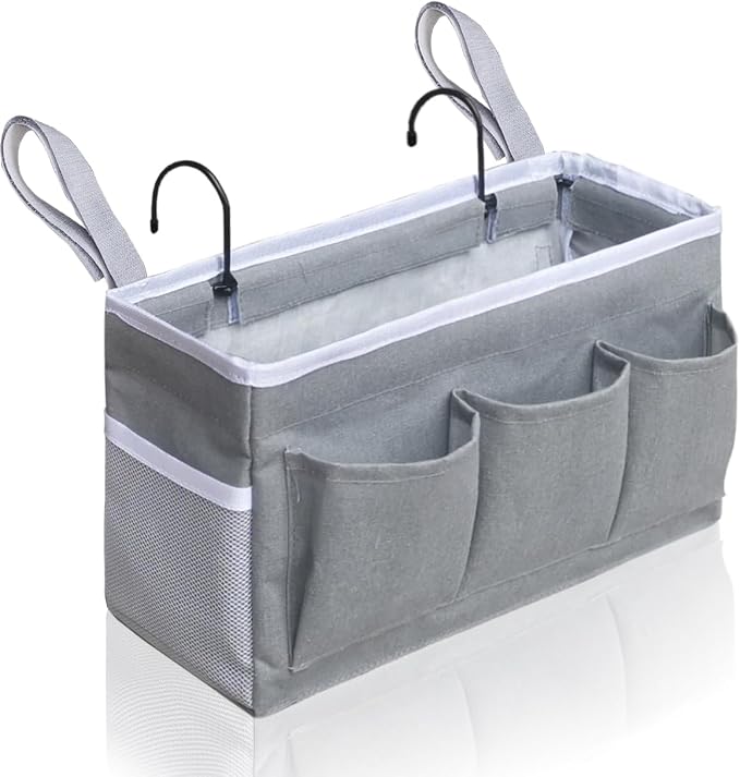 Kanrichu Bedside Caddy Hanging Storage Bag, Organizer Baskets with Pockets for Bunk Bed Accessories, Loft & Dorm Rooms Chair Bed Rails (Gray_1pcs)