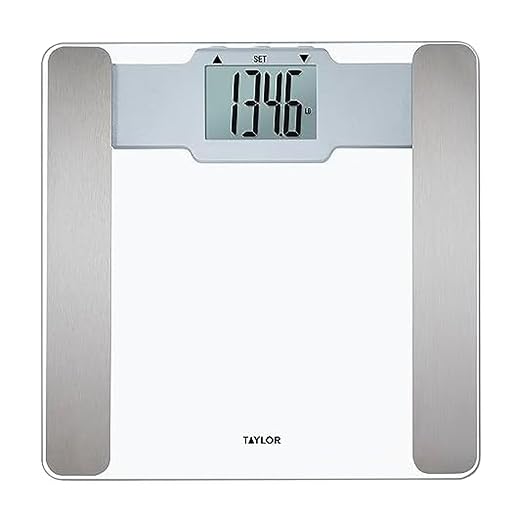 Taylor Digital Glass Bathroom Scale with Body Fat, Body Water and Muscle Mass Analysis - Clear Tempered Glass Platform, 400 lb Capacity, Large Display, Stainless Steel Accents