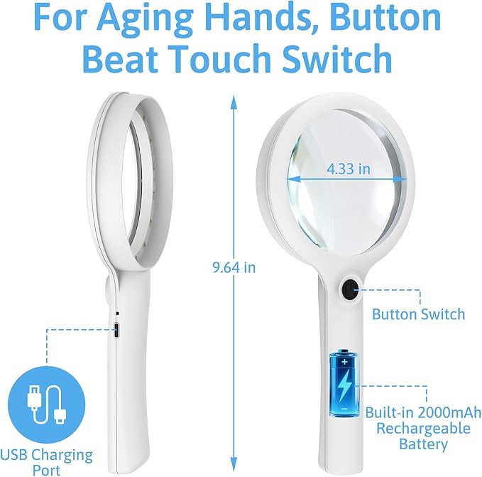 10X Large Magnifying Glass with Light, Upgraded 4.33" Handheld Illuminated Lighted Magnifier with 3 Light Modes for Seniors Reading, Coins, Jewelry, Close Work, Kids Nature Exploration(White)