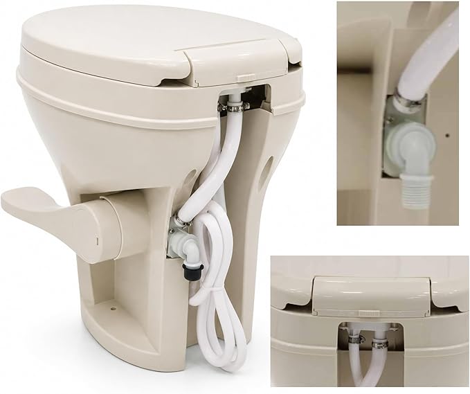 SEAFLO Residential Height Bone Camper/RV Toilet with Sprayer Attachment, 18.5” Standard Height, Gravity Flush System, Pedal Operation, Soft Close Seat, 4-Year Warranty (Bone W/Sprayer Attachment)