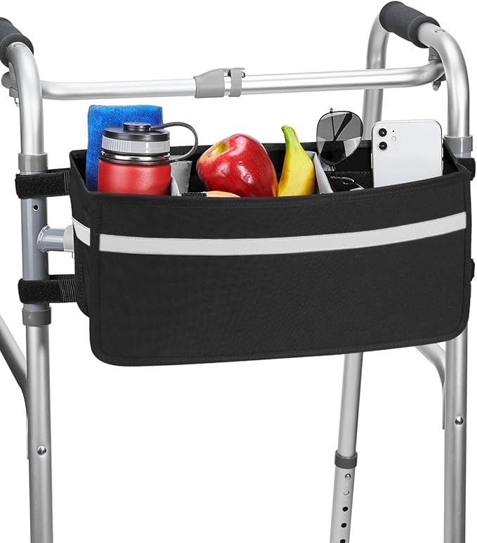 JOYTUTUS Walker Basket for Seniors, Basket for Walkers with Cup Holder, with Two Split Board, Foldable Walker Storage Bag, for Family and Friends, Black (Not Fit Rollator Walkers)