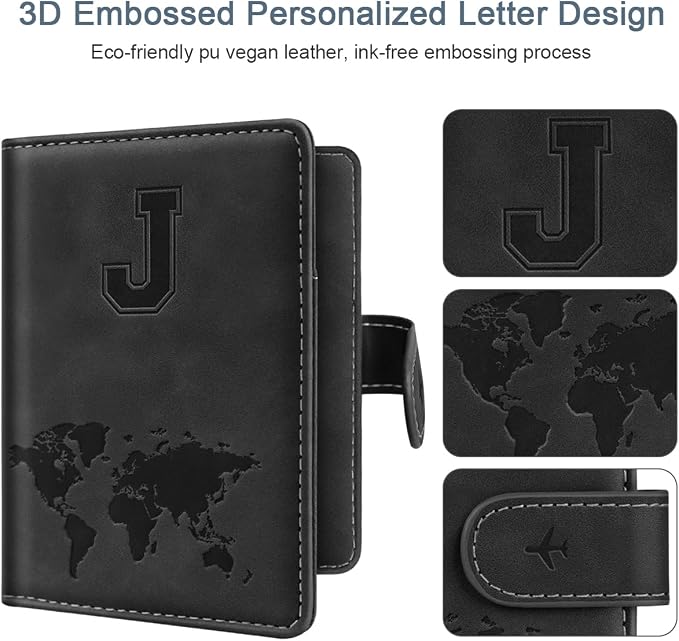 Passport Holder for Travel Essentials Personalized Initial Wallets | Embossed Letter A-Z Design, RFID Blocking, Passport Cover, Passport Book Holders, Men Women, Personalized Gifts, Black-J