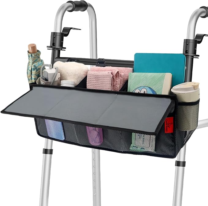 Extra Large Bariatric Walker Basket for 21"-26" Width Folding Walker/Rollators, Extra Wide Walker Storage Baskets with Cup Holder, Lid & Multiple Pocket, Easy to Use Walker Tote Bag for Seniors, Grey.