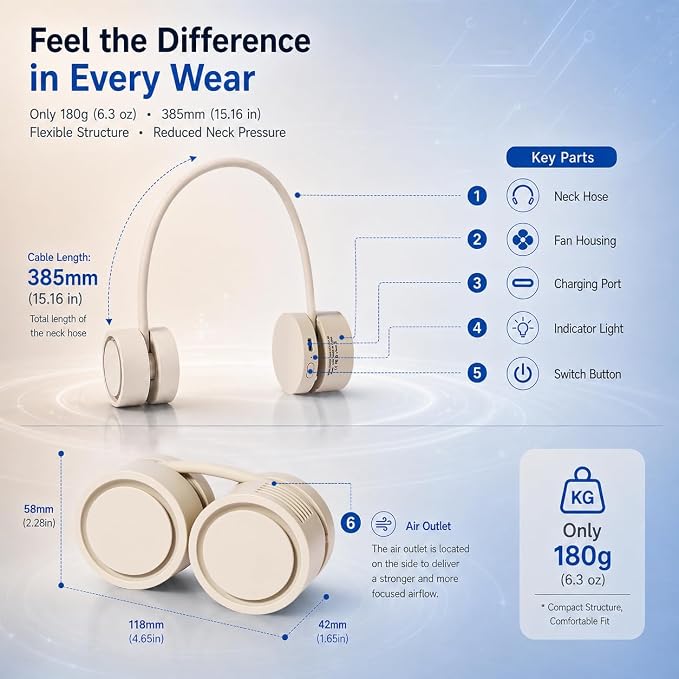 Lightweight Portable Neck Fan, Hands-Free Rechargeable | 6.3 oz wearable fan, foldable design, 360° adjustable airflow, 3 speeds; ideal for travel, office and commuting