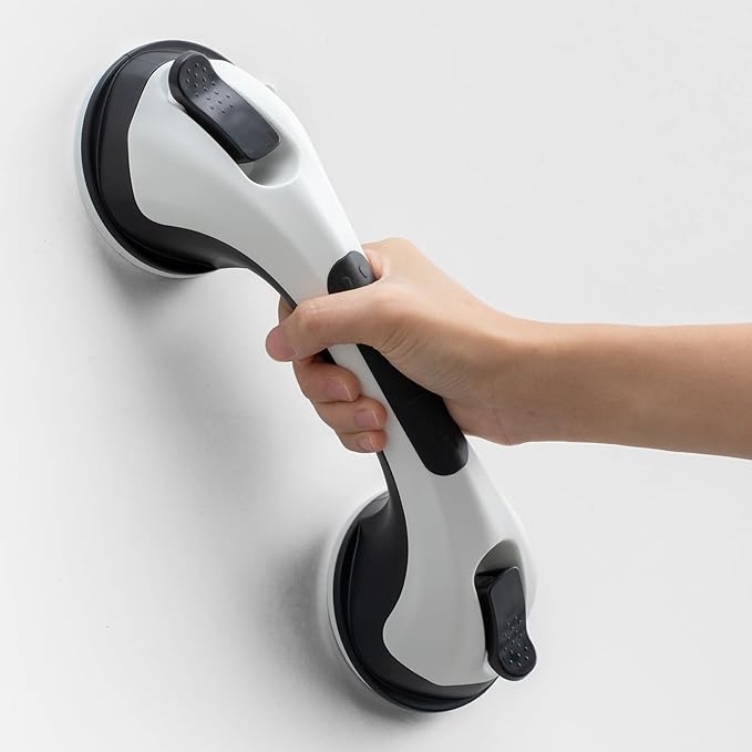 Shower Grab Bar Suction Cup 12 inch, Grab Bars for Bathtubs, Bathroom Safety Grip Shower Handle for Elderly and Seniors, Bath Handrails Removable & Reusable Waterproof, No Drilling, Black