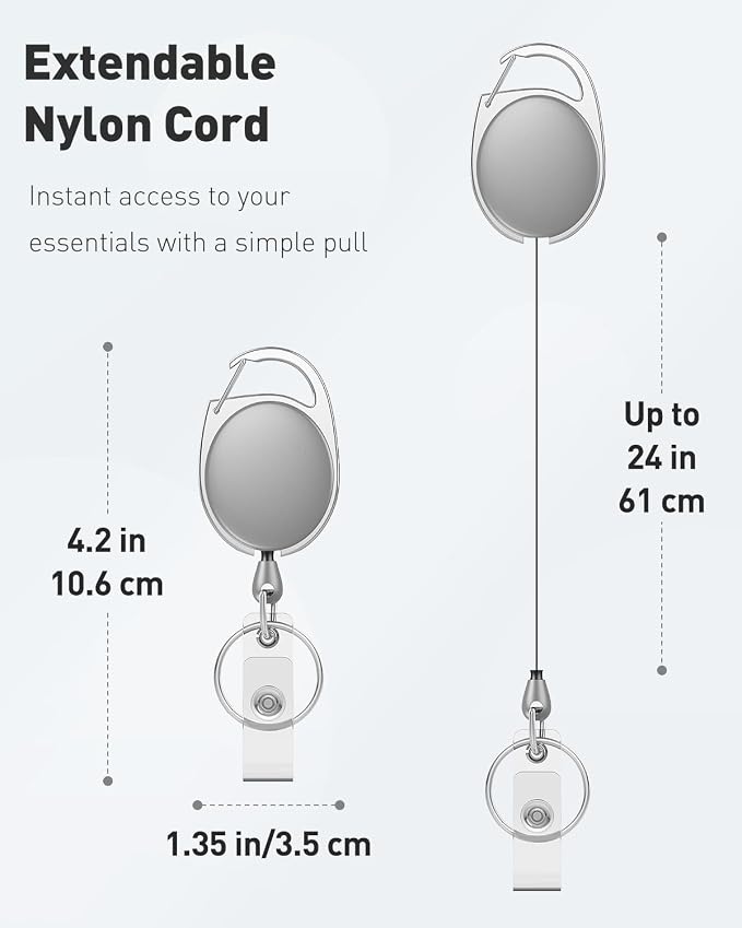 Uniclife 2 Pack Retractable Keychain, Retractable Badge Reel, Heavy Duty Badge Holder Clip for Keys and ID Card, Key Chain Extender with Carabiner Belt Clip and Key Ring, Light Grey