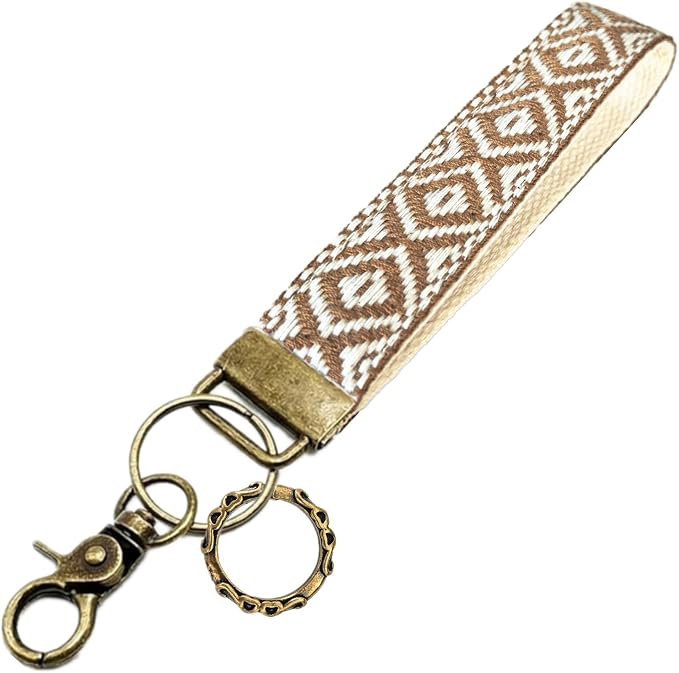 Boho Vintage Embroidered Floral plant Wristlet Keychain for Women | Cute Lanyard&Antique Brass Clasp, Lightweight Hands-Free Key Holder for keys,purses,handbags and daily outdoor use for ladies