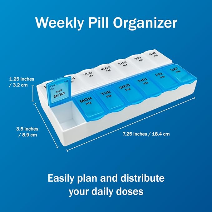 Amazon Basic Care (7-Day) AM/PM Pill Organizer, Vitamin Case, And Medicine Box, Large Compartments, 2 Times a Day, Blue and Clear Lids