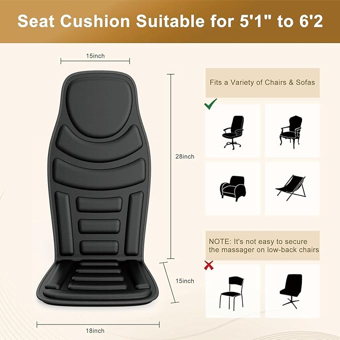 Heated Massage Seat Cushion with Remote Control, 8 Vibration Motors Chair Back Massager, Heat Therapy, Black