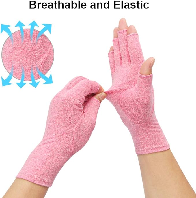 2-Pair Arthritis Compression Gloves for Alleviate Rheumatoid Osteoarthritis, Carpal Tunnel Raynauds Disease, Fingerless Design Breathable & Moisture, Women and Men(Pink, Small)