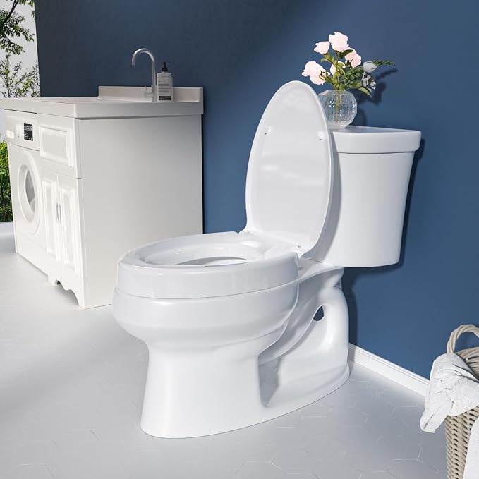 SAMODRA Elongated Raised Toilet Seat Riser, White | 3 Inch High Elevated Toilet Seat for Seniors, Soft Close, Non-slip Bumpers , Easy Install & Clean