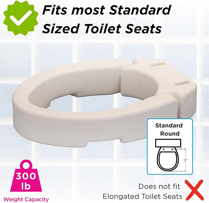 NOVA Medical Products Hinged Toilet Seat Riser Lift Up and Down Raised Toilet Seat For Under Seat For Elongated Seat Color, White, (Pack of ), 1 Count