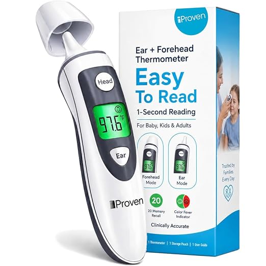 iProven Ear and Forehead Thermometer for Adults, Kids, and Baby | 2-in-1 Ear & Forehead, 1-Second Readings, Fever Alert Color Indicator, 20 Memory Recall, Family Thermometer For Home Use