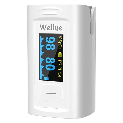 Wellue Pulse Oximeter Fingertip, Blood Oxygen Saturation Monitor with Built-in Memory, Beep reminder, OLED screen, Batteries and Lanyard