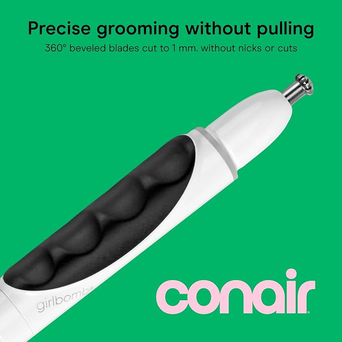 Conair GIRLBOMB Nose Face & Brow Trimmer | 3-in-1 Battery-Powered Trimmer for Fine and Coarse Facial Hair, White, GBT01W