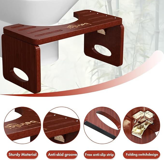 7 Inches Foldable Toilet Stool Squat Adult (Brown) | Poop Stool for Bathroom, Bamboo Squatting Potty for Adults with Anti-Slip Strip