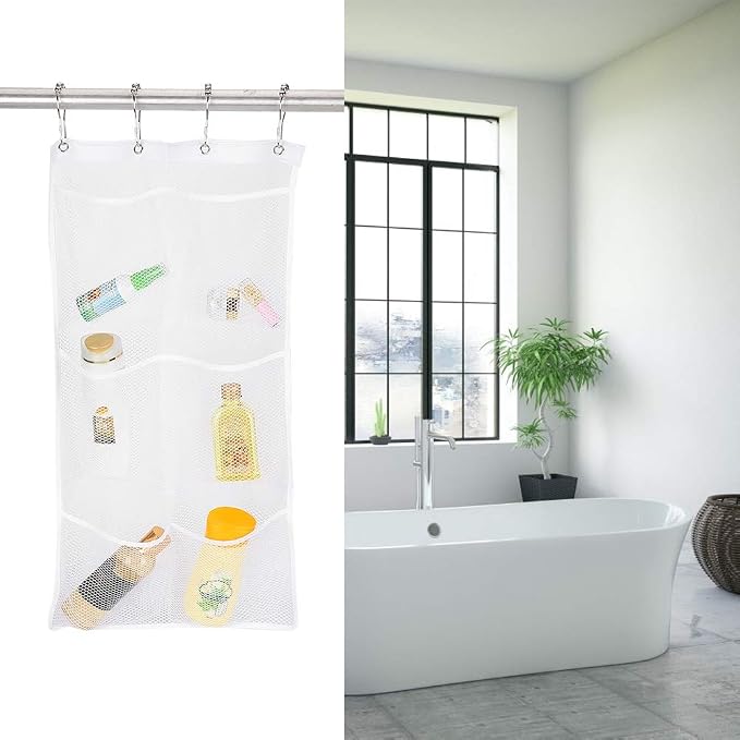 Joyzan Mesh Shower Organizer, 6 Pockets Hanging Caddy Portable Space Saving | Bathroom Holder Quick Drying Hanger Curtain Rod Storage Soap Shampoo Loofah Cruise Liner Ship Essentials Bath Toy Toiletry