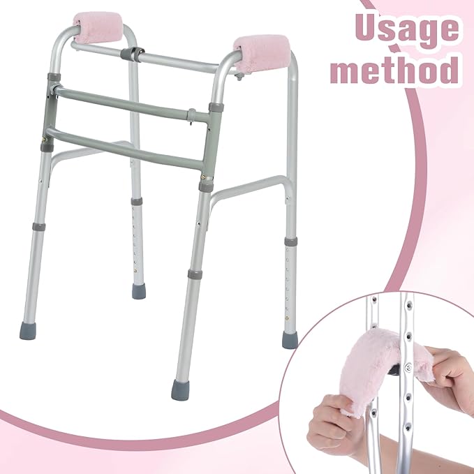 2 Pcs Walker Handle Cushions Fluffy Walker Hand Pads Universal Padded Rollator Hand Cover for Folding Rolling Wheelchair, Senior, Elderly Grippers, with 2 Extra Foam Pads(Pink)