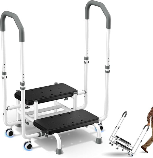 2 Step Stool with Adjustable Dual Handrail & 4 Lockable Wheels for Elderly - Bed Steps for High Beds for Adults, 4.3 in Widened Spacing, for Bedside Step Stool, Kitchen, RV, Bathtub