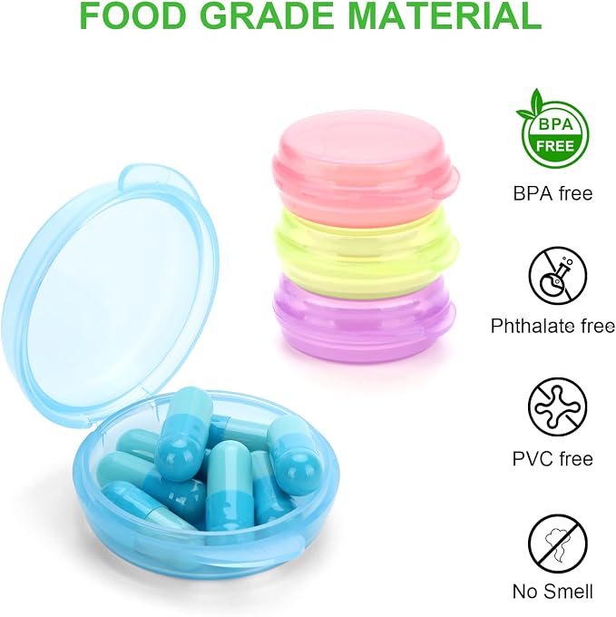 Small Pill Case, 8 Pack Round Pill Storage Boxes, Portable Tiny Pill Organizer Container for Pocket Purse, Compact Plastic Medicine Caddy Dispenser for Work, Caping, Trip, Travel - Colorful