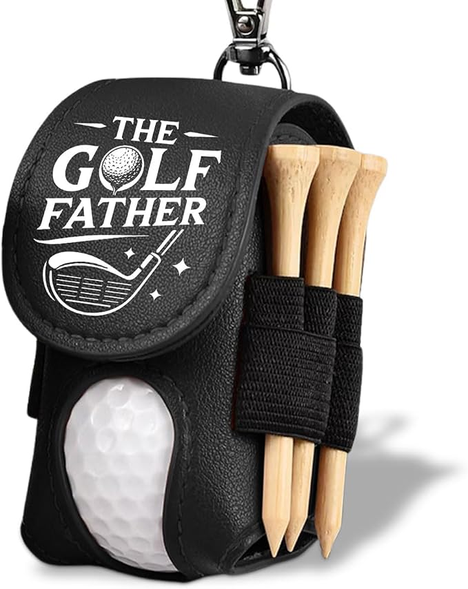 Wrappiness The Golf Father Golf Ball Bag - Golfer Accessories for Men Premium Leather Holder with Clip - Custom Golf Tee Pouch Unique Gift for Dad